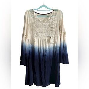 Boho Blue White Ombre Tunic Dress with Crochet Lace Detail